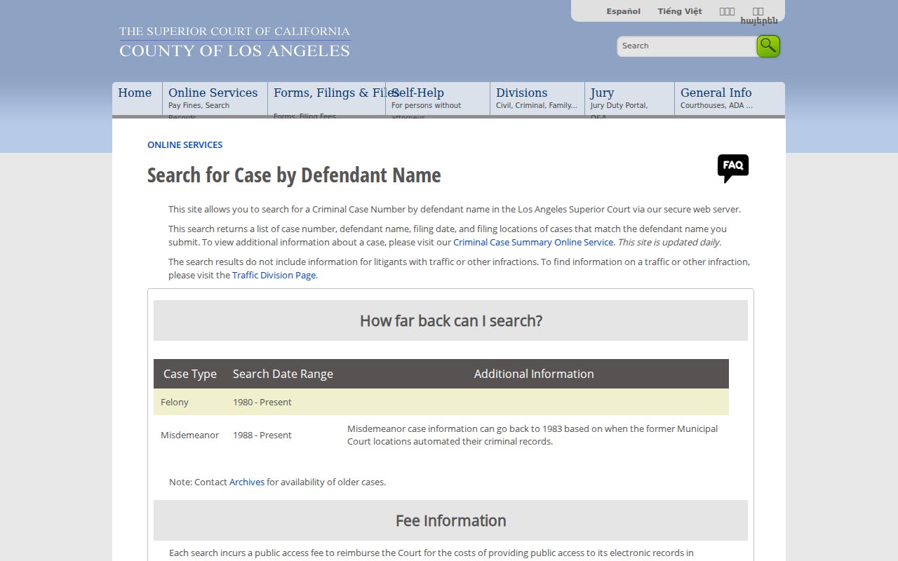 West Hollywood public records search through the Los Angeles Superior Court criminal index