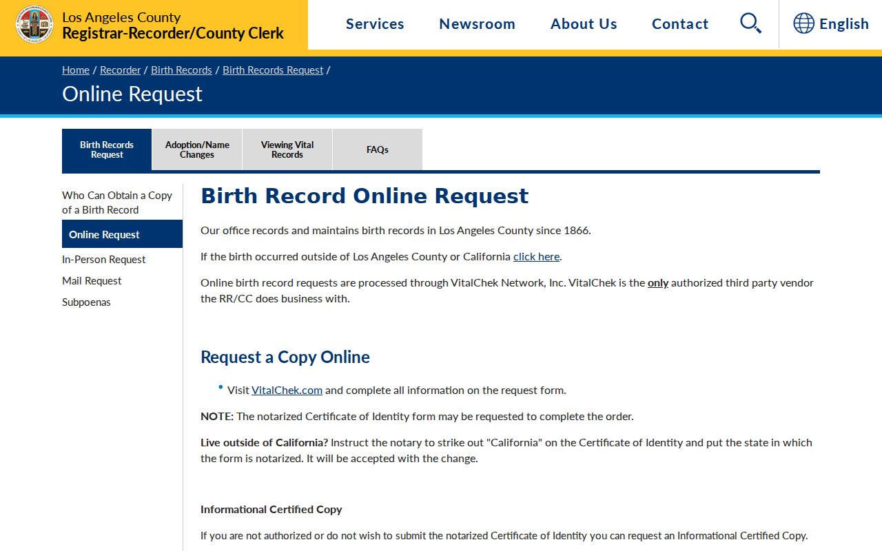 West Hollywood public records birth certificate request channel at Los Angeles County RR/CC